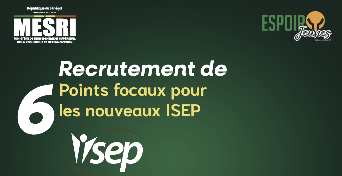 [Projet Espoir Jeunes] Recrutement de 6 Points focaux pour  les nouveaux ISEP