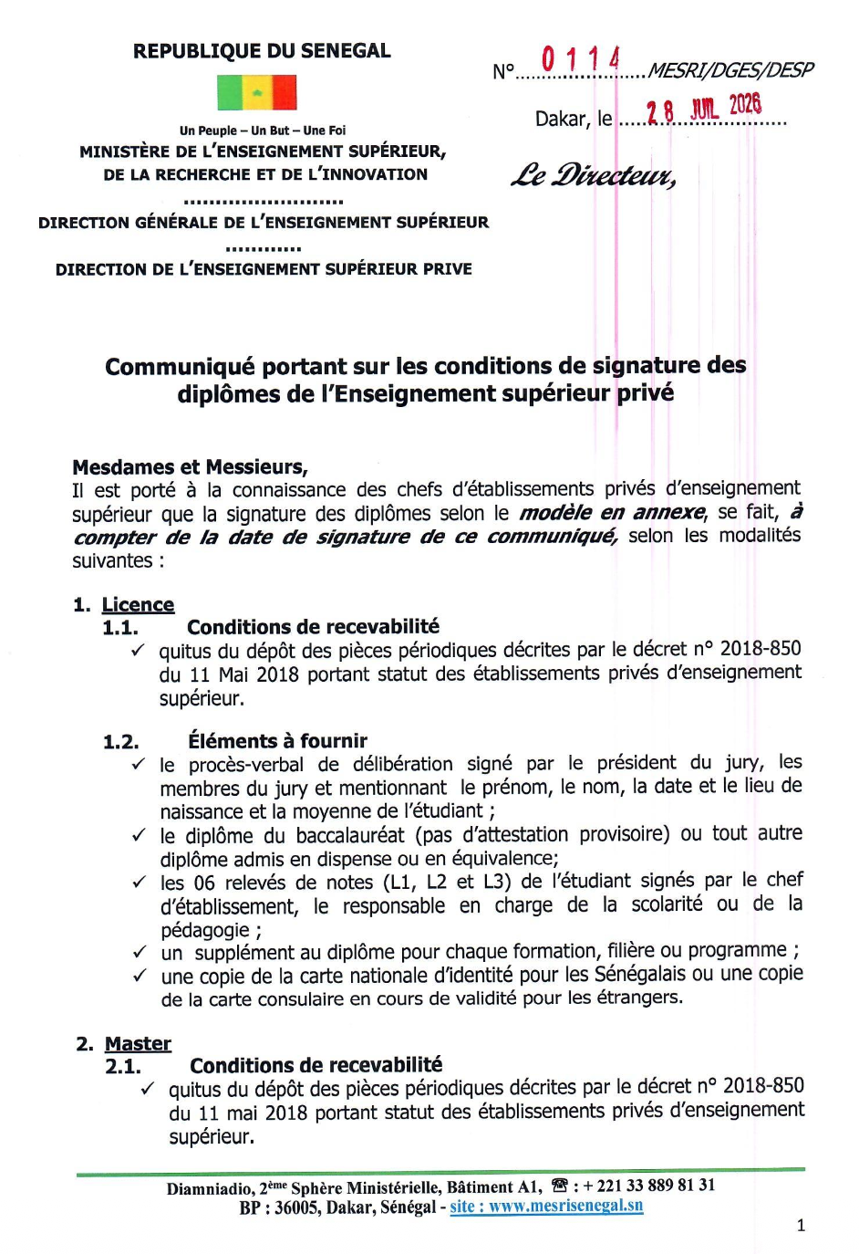 Communiqué portant sur les conditions de signature des diplômes de l’Enseignement supérieur privé