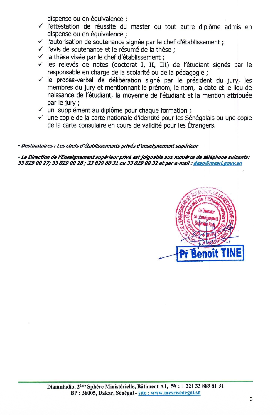 Communiqué portant sur les conditions de signature des diplômes de l’Enseignement supérieur privé