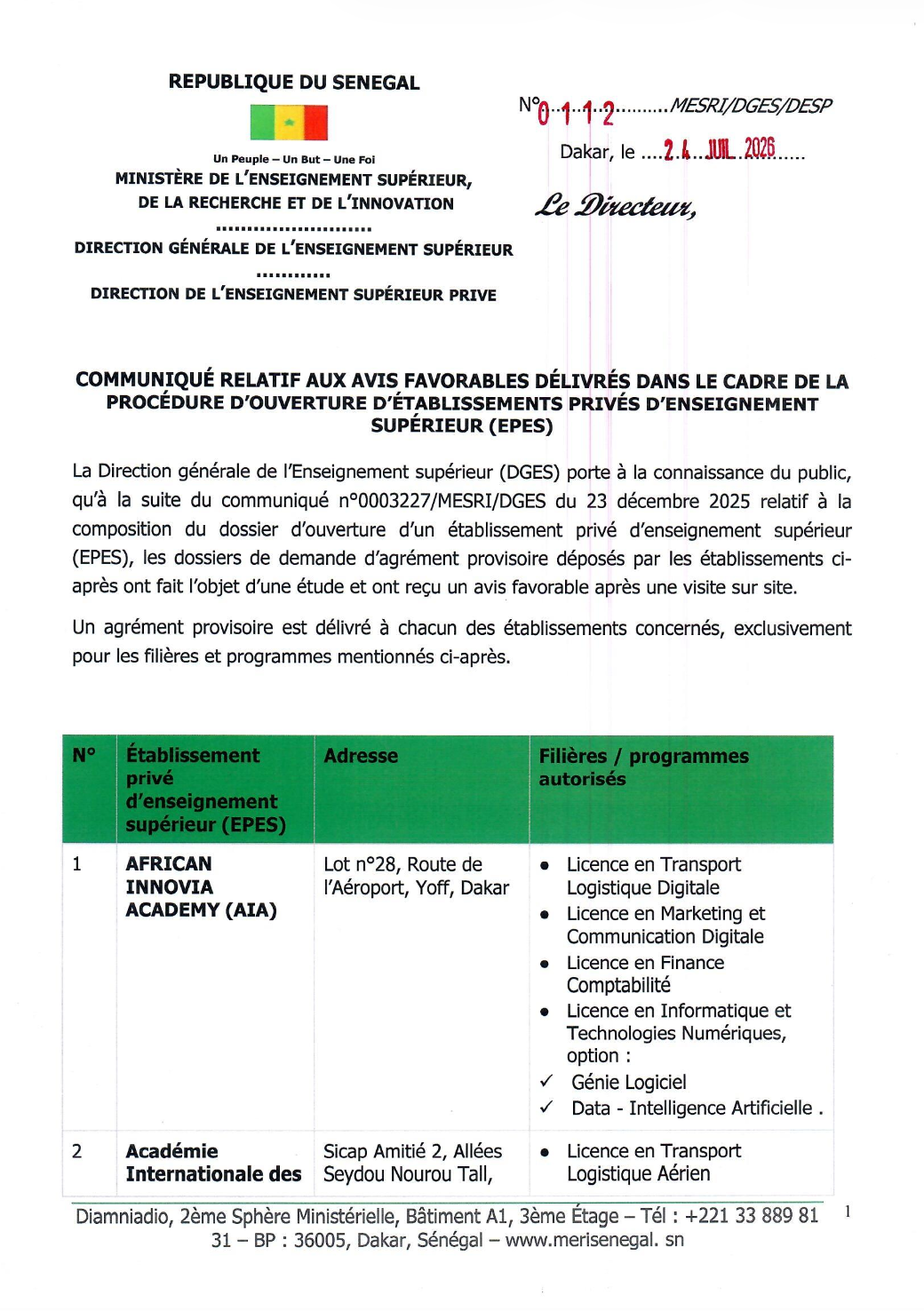 Communiqué relatif aux avis favorables délivrés dans le cadre de la procédure d’ouverture d’établissements privés d’enseignement supérieur (EPES)