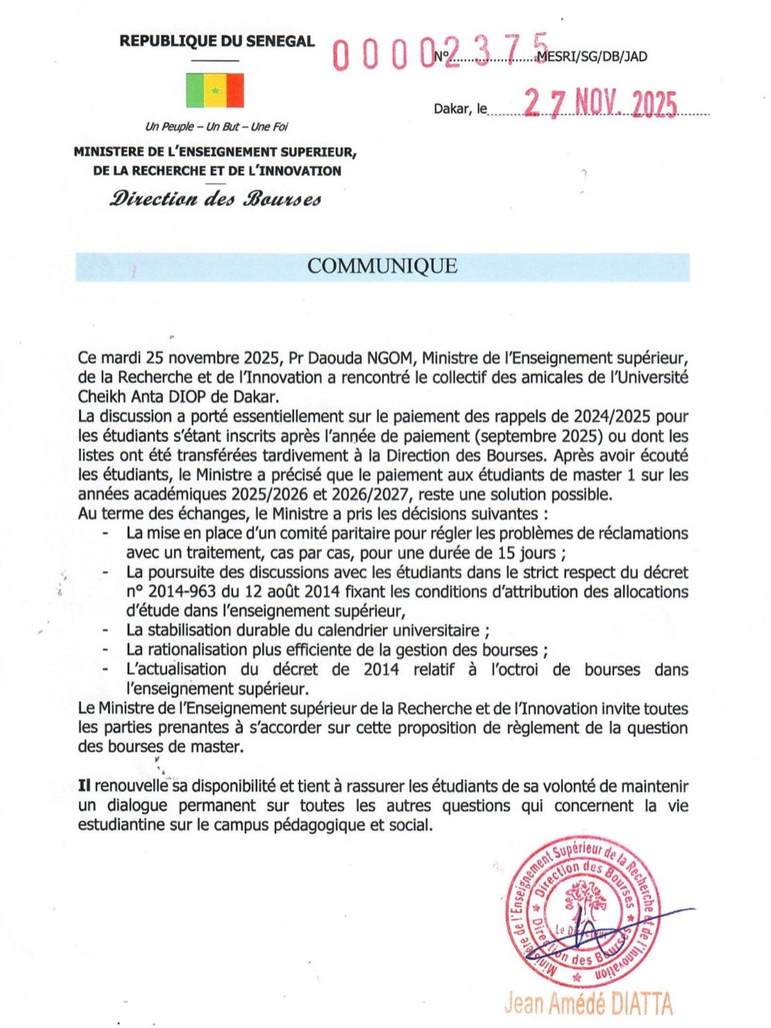 Communiqué de la direction des bourses