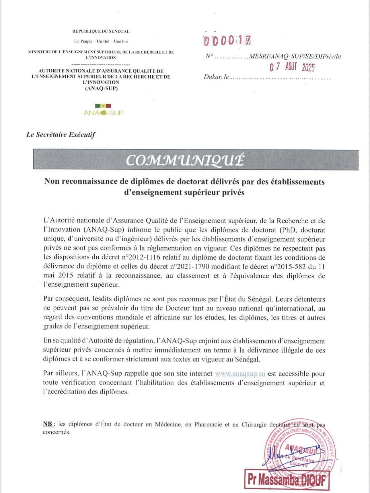 Non reconnaissance de diplômes de doctorat délivrés par des établissements d’enseignement supérieur privés