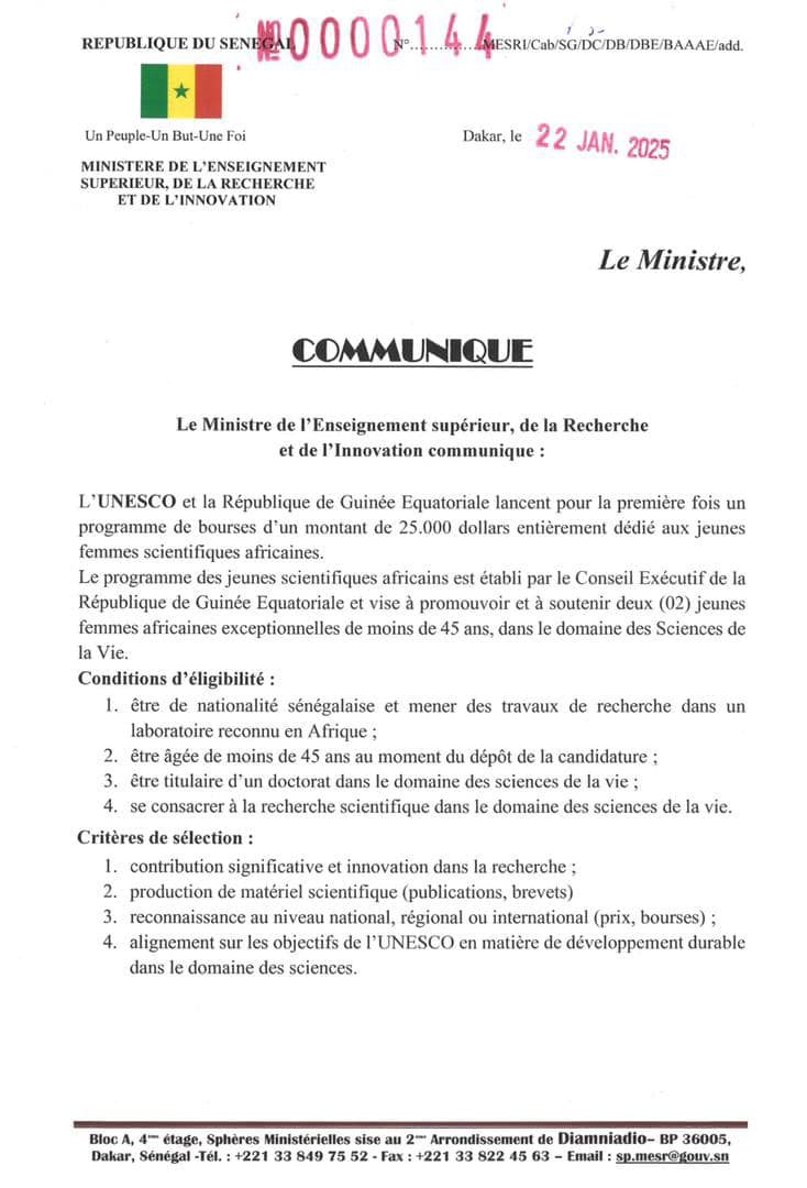 Programme de bourses d’un montant de 25.000 dollars dédié aux jeunes femmes scientifiques africaines