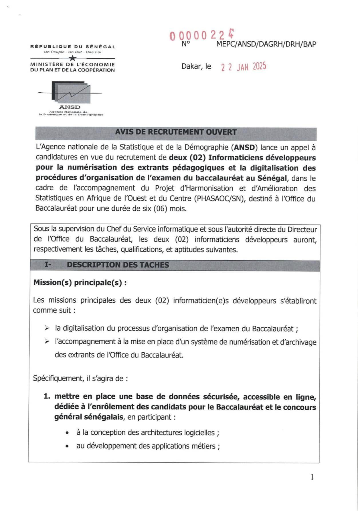 Office du BAC: Appel à candidatures pour le recrutement de deux (02) Informaticiens développeurs