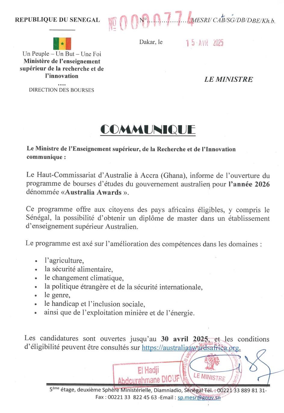 Ouverture du programme de bourses d’études du gouvernement australien pour l’année 2026 dénommée «Australia Awards ».
