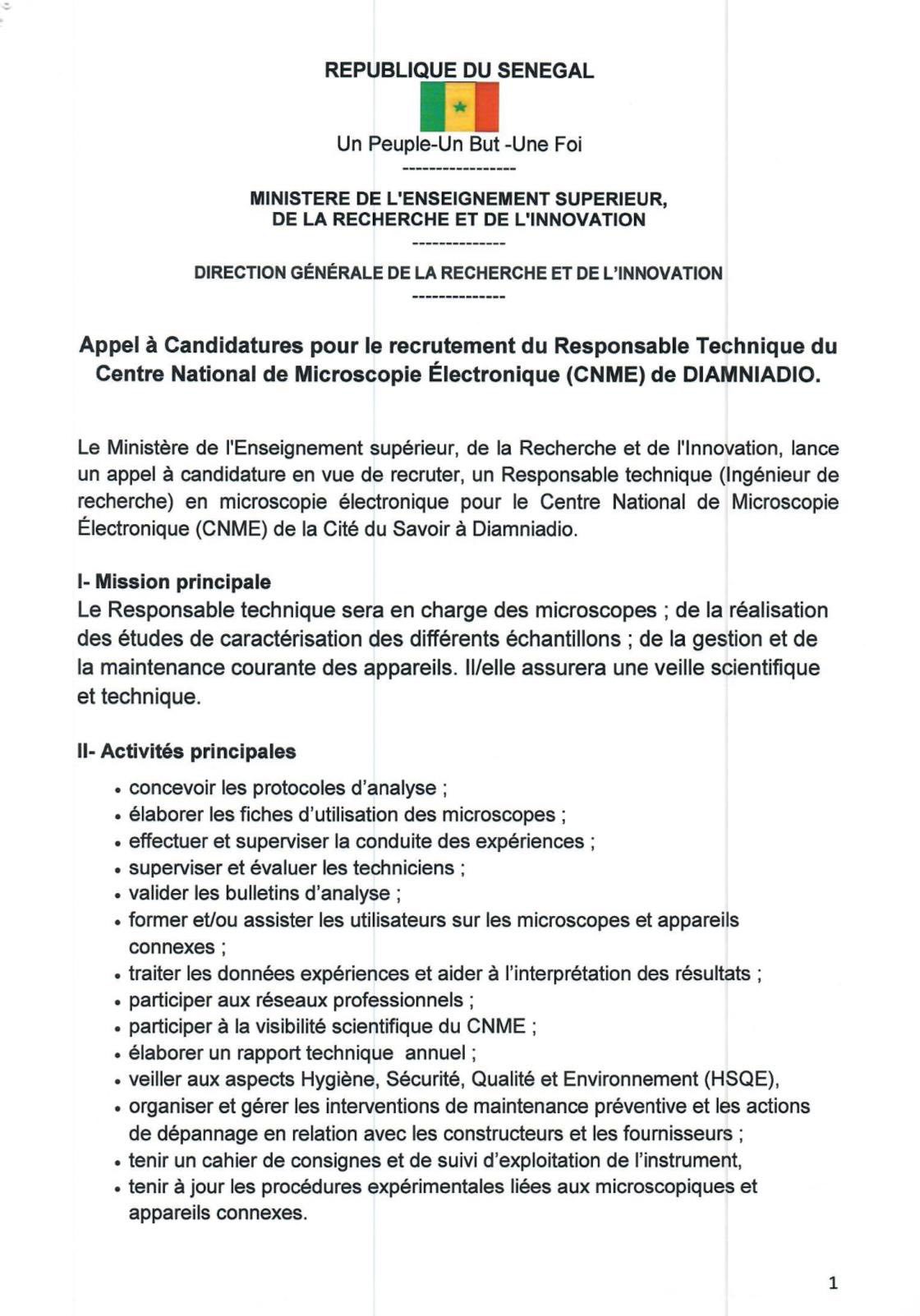 Appel à Candidatures pour le recrutement du Responsable Technique du Centre National de Microscopie Électronique (CNME) de DIAMNIADIO
