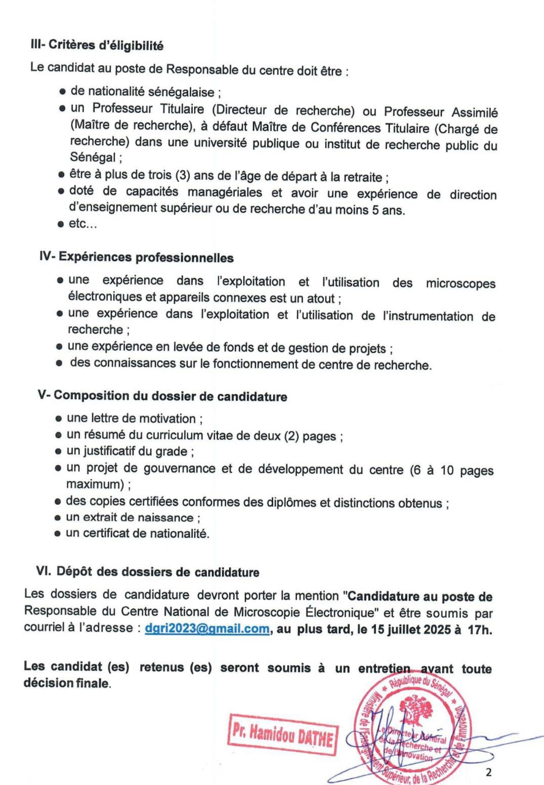 Appel à Candidatures pour le recrutement du Responsable du Centre National de Microscopie Électronique (CNME) de DIAMNIADIO