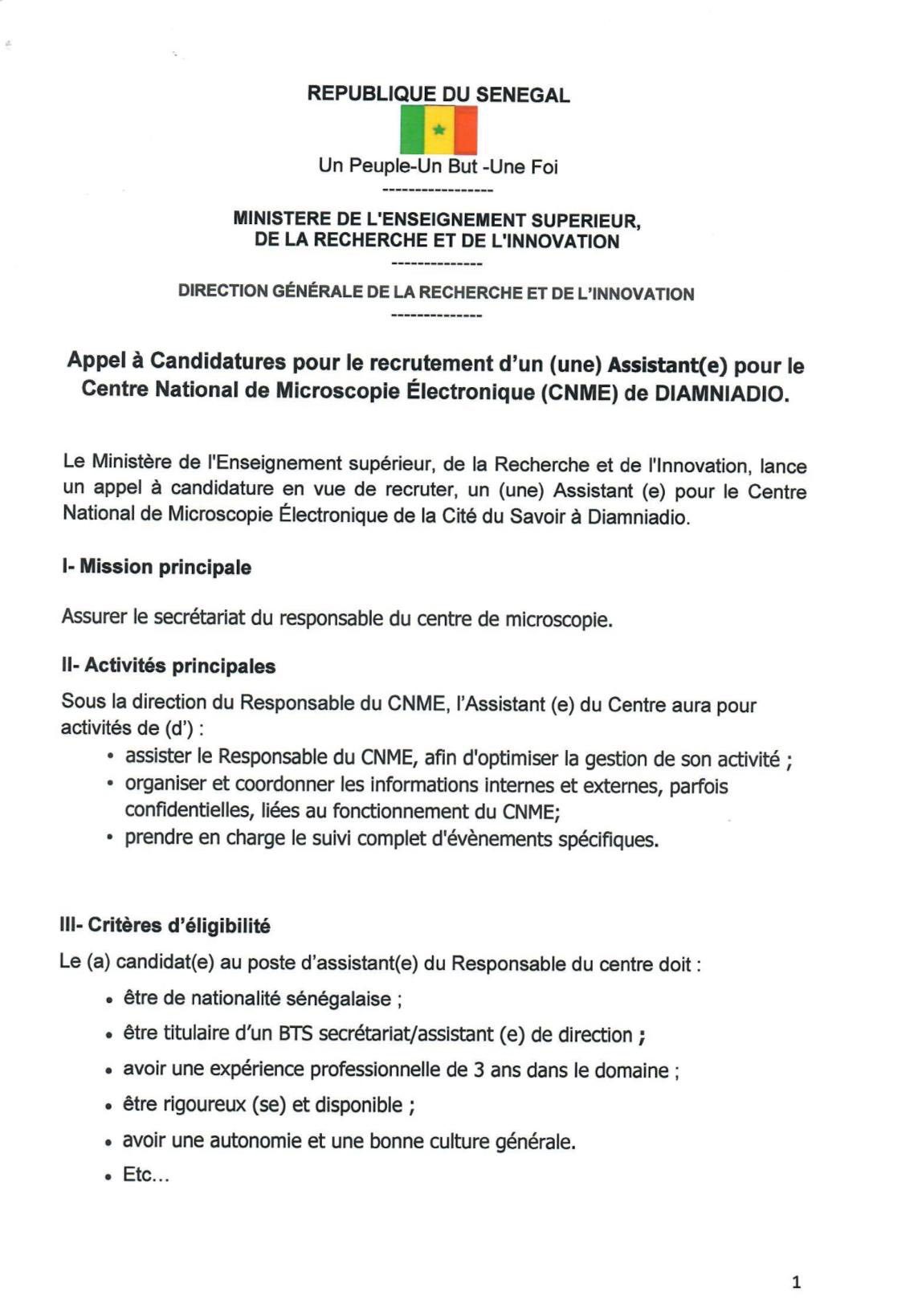 Appel à Candidatures pour le recrutement d’un (une) Assistant(e) pour le Centre National de Microscopie Électronique (CNME) de DIAMNIADIO