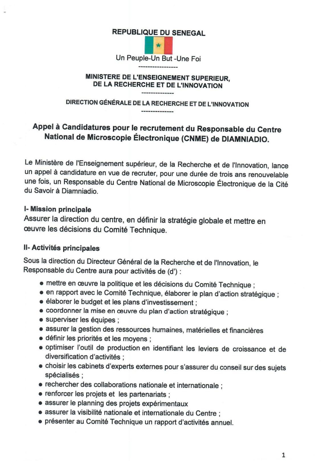 Appel à Candidatures pour le recrutement du Responsable du Centre National de Microscopie Électronique (CNME) de DIAMNIADIO