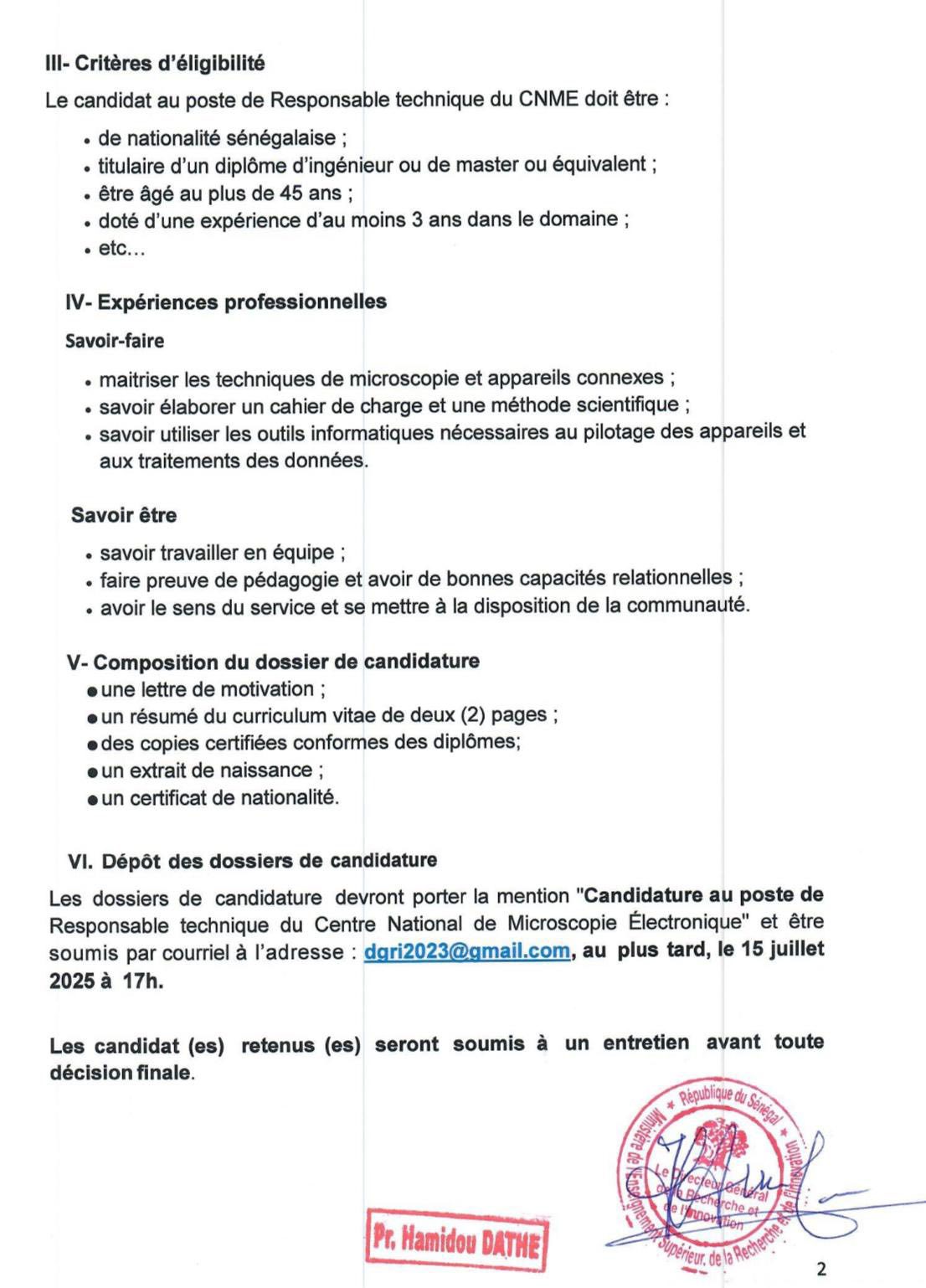 Appel à Candidatures pour le recrutement du Responsable Technique du Centre National de Microscopie Électronique (CNME) de DIAMNIADIO
