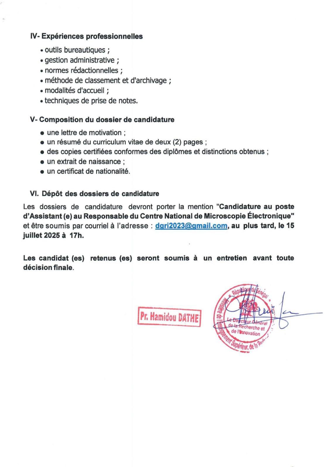 Appel à Candidatures pour le recrutement d’un (une) Assistant(e) pour le Centre National de Microscopie Électronique (CNME) de DIAMNIADIO