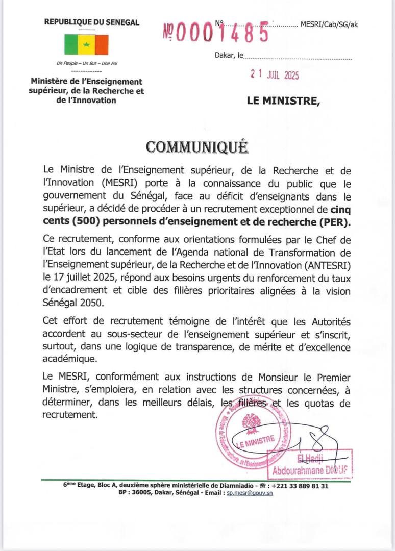 Recrutement exceptionnel de cinq cents (500) personnels d’enseignement et de recherche (PER)
