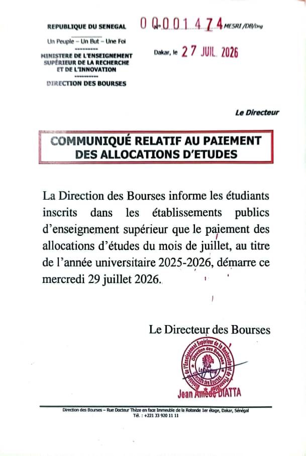 Paiement des bourses d’études du mois de Juillet au titre de l’année universitaire 2025-2026