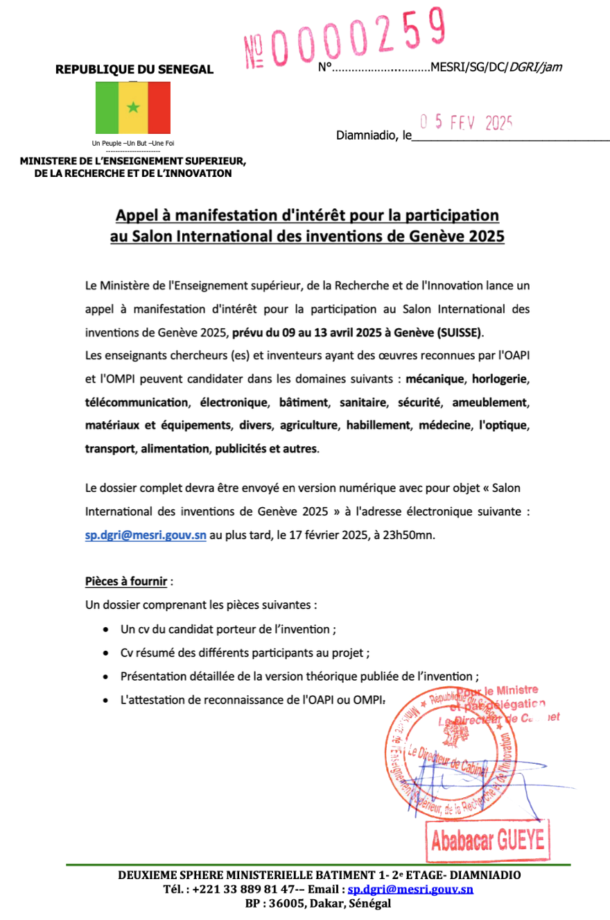 Appel à manifestation d’intérêt pour la participation au Salon International des inventions de Genève 2025