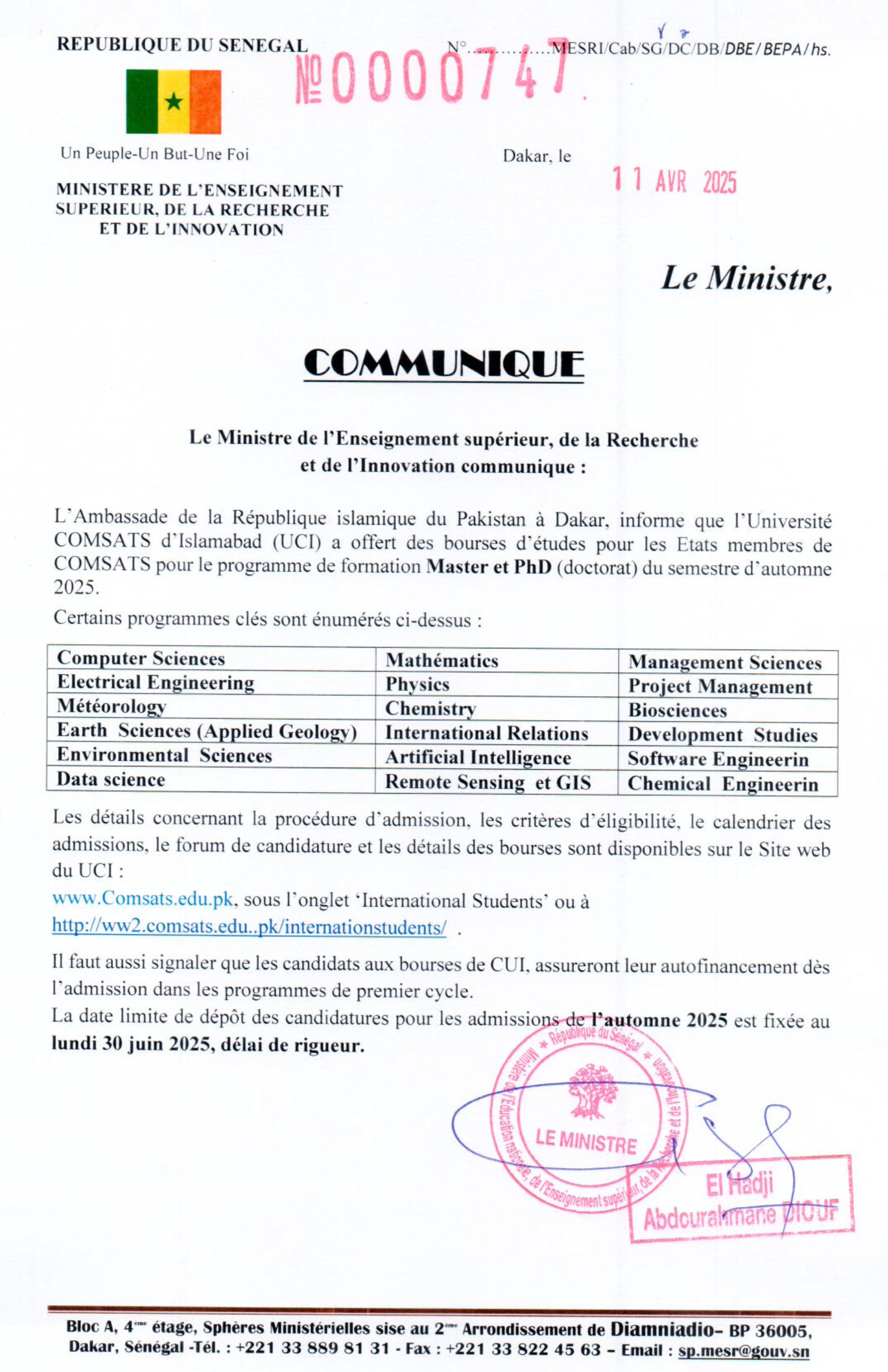 Bourses d’études COMSATS d’Islamabad pour le programme de formation Master et PhD (doctorat) du semestre d’automne 2025