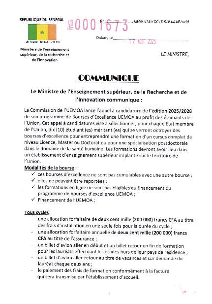 Appel à candidature Bourses d’Excellence UEMOA édition 2025/2028