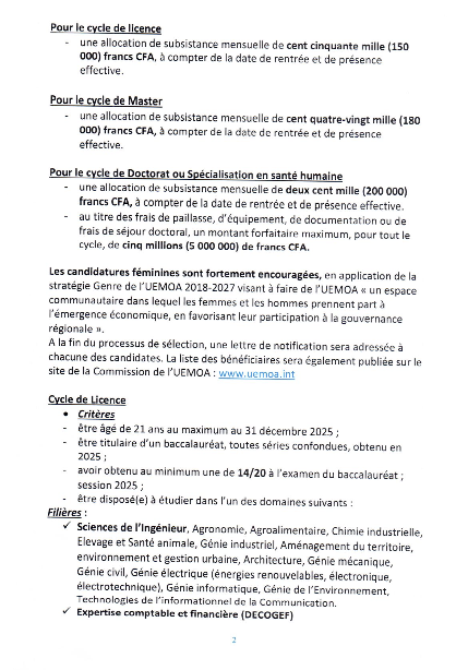 Appel à candidature Bourses d’Excellence UEMOA édition 2025/2028