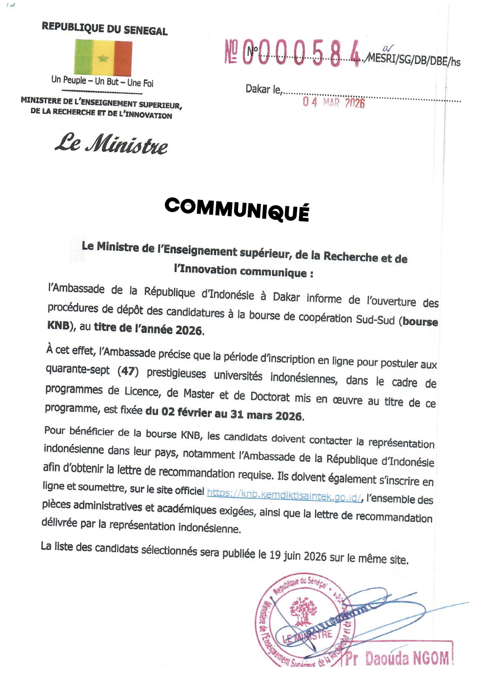 Ouverture des procédures de dépôt des candidatures à la bourse de coopération Sud-Sud (bourse KNB), au titre de l’année 2026
