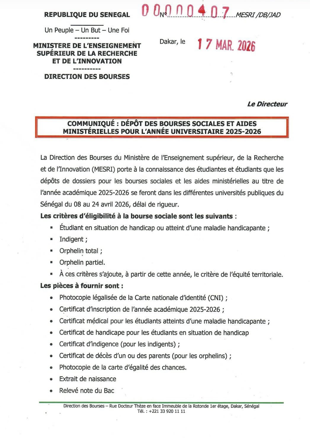 Dépôt de bourses sociales et aides pour l’année académique 2025-2026