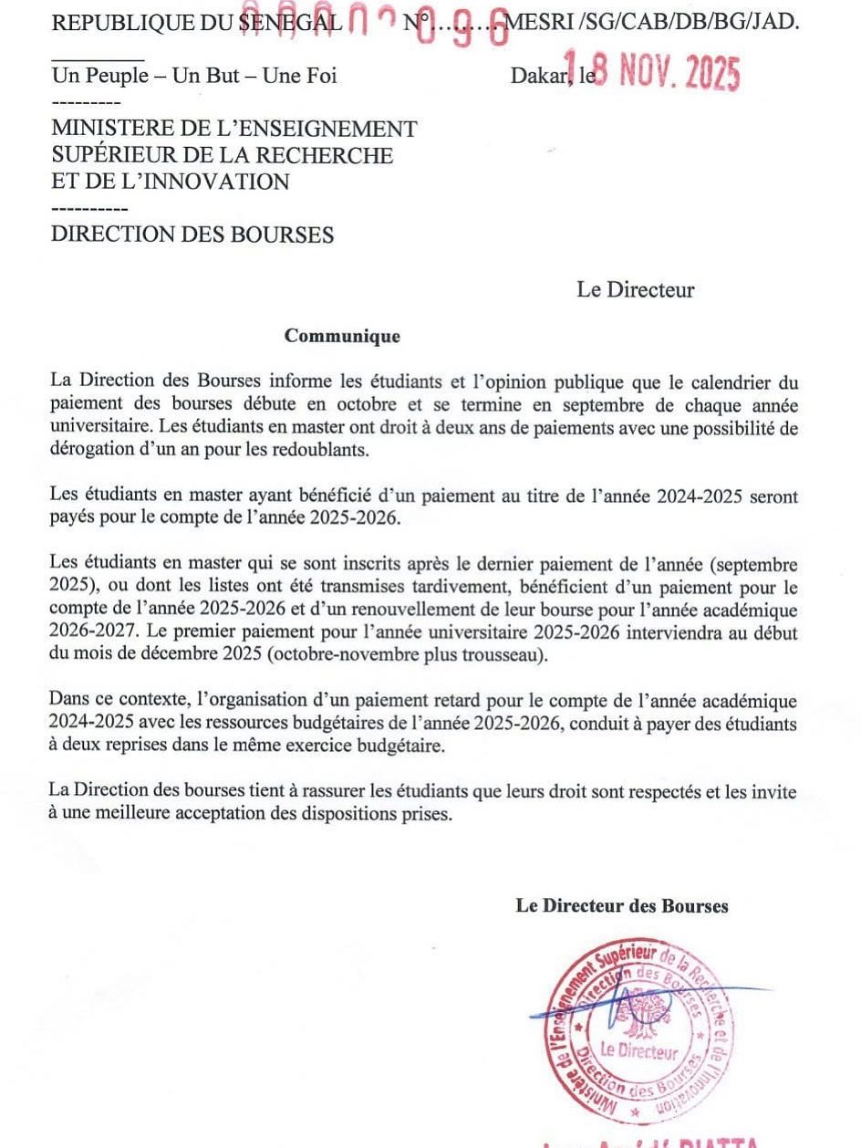 Calendrier et dispositions de paiement des bourses : précisions de la Direction des Bourses