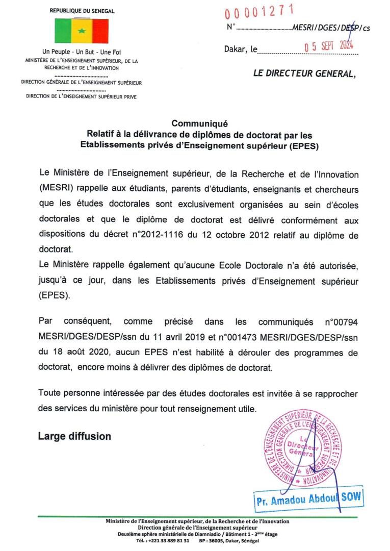 Communiqué Relatif à la délivrance de diplômes de doctorat par les Etablissements privés d’Enseignement supérieur (EPES)
