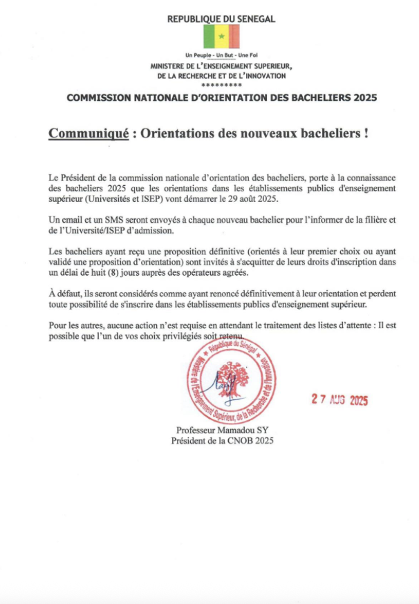 Orientations des Bacheliers 2025 : Démarrage le vendredi 29 août 2025