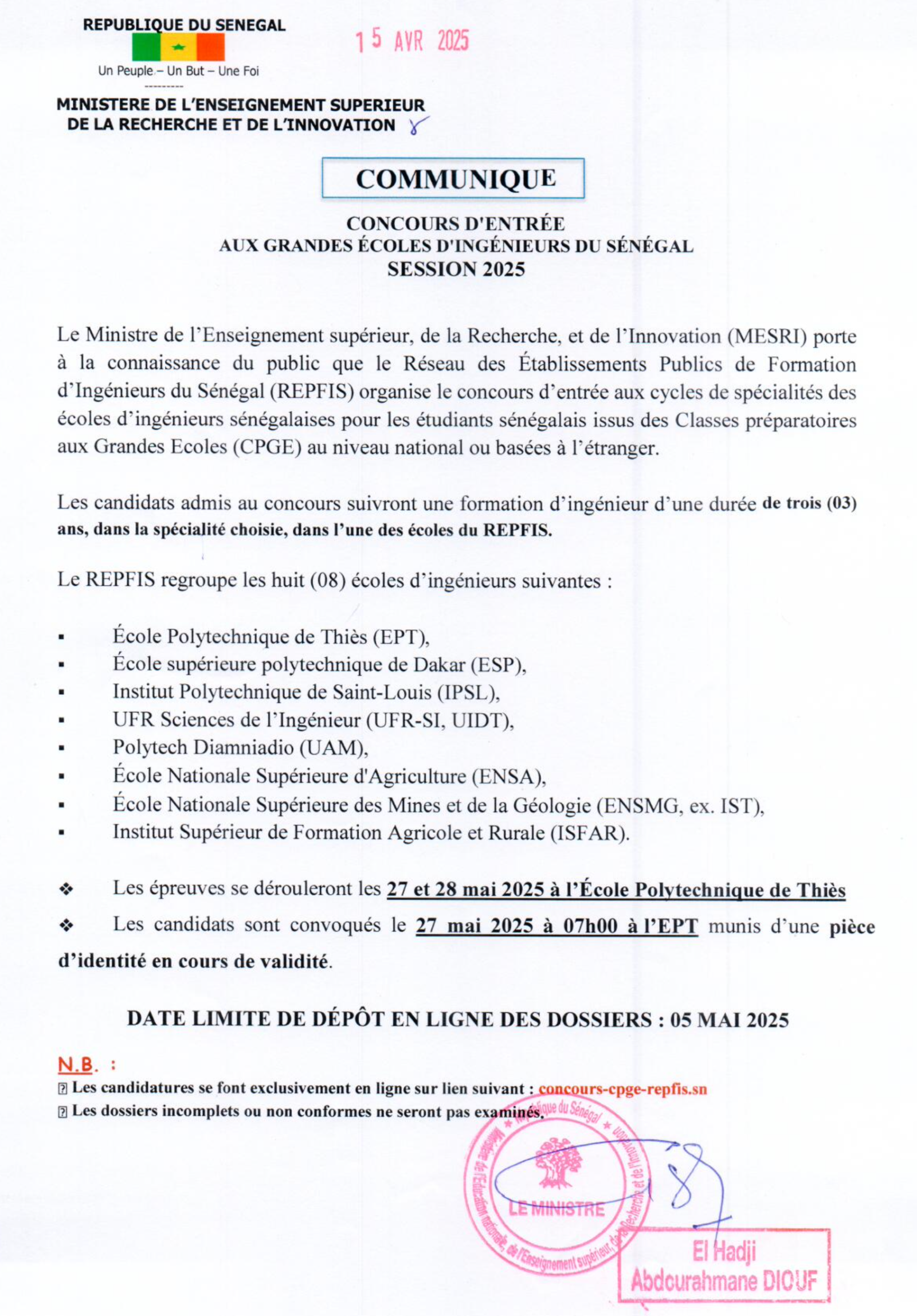 Concours d’entrée aux grandes écoles d’ingénieurs du Sénégal – Session 2025