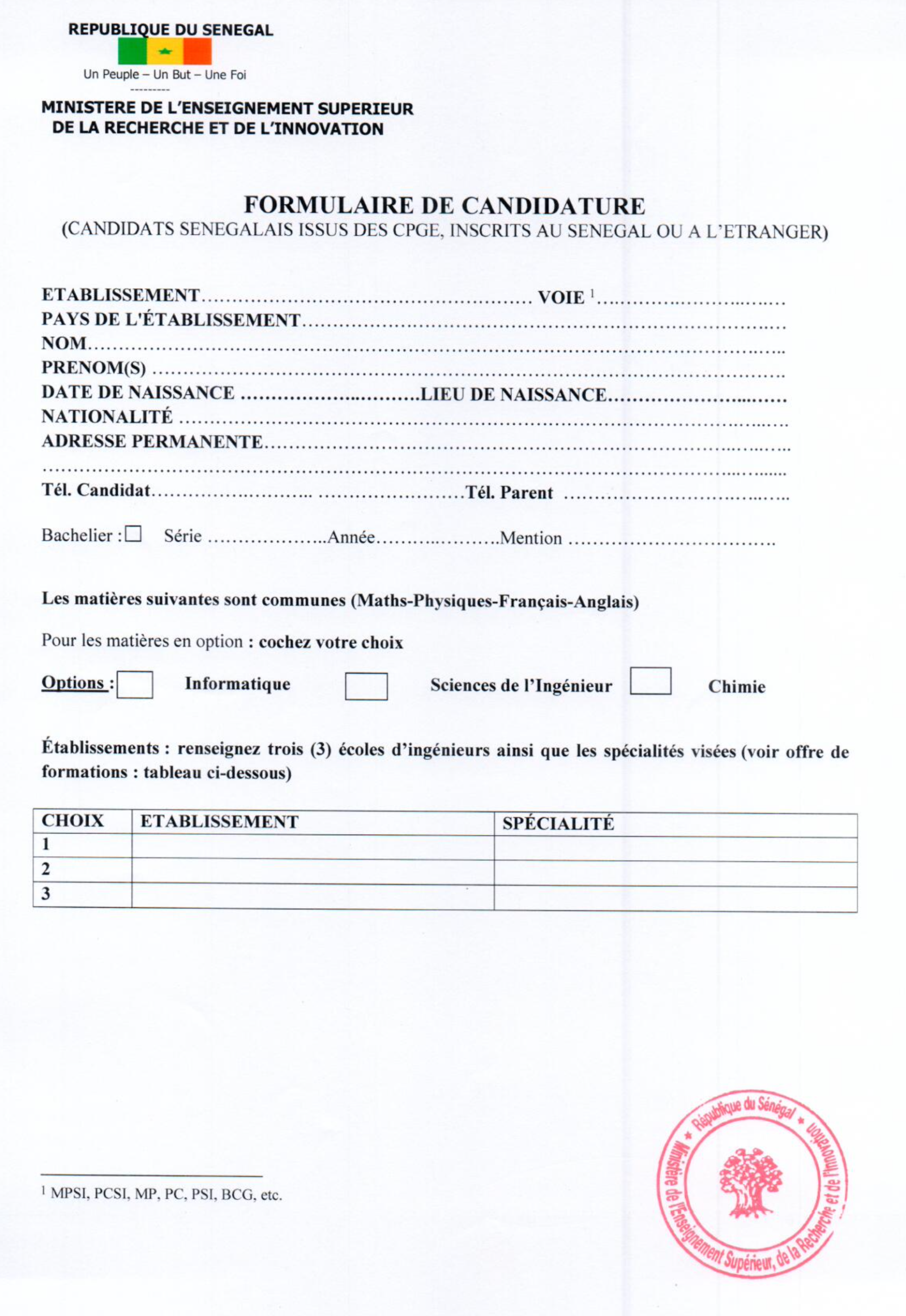 Concours d’entrée aux grandes écoles d’ingénieurs du Sénégal – Session 2025