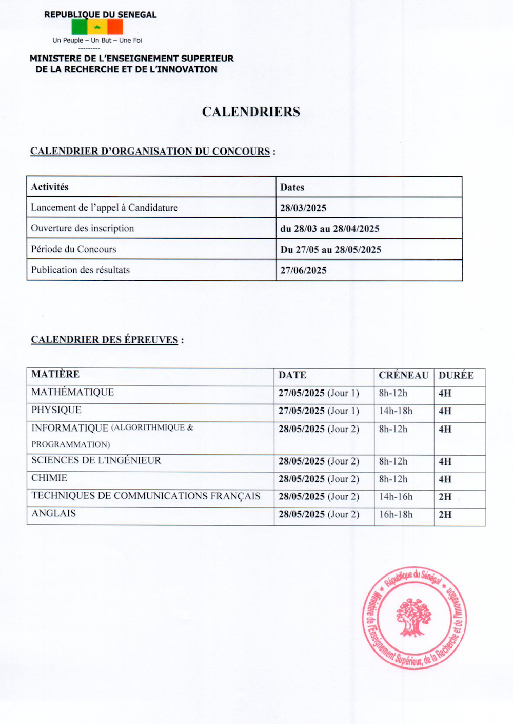 Concours d’entrée aux grandes écoles d’ingénieurs du Sénégal – Session 2025