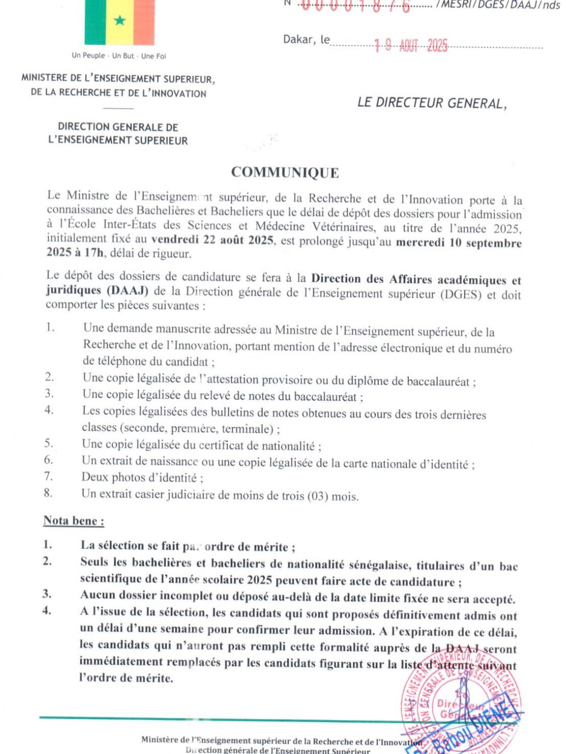 Prolongation du délai de dépôt des dossiers pour l’admission de l’EISMV, au titre de l’année 2025