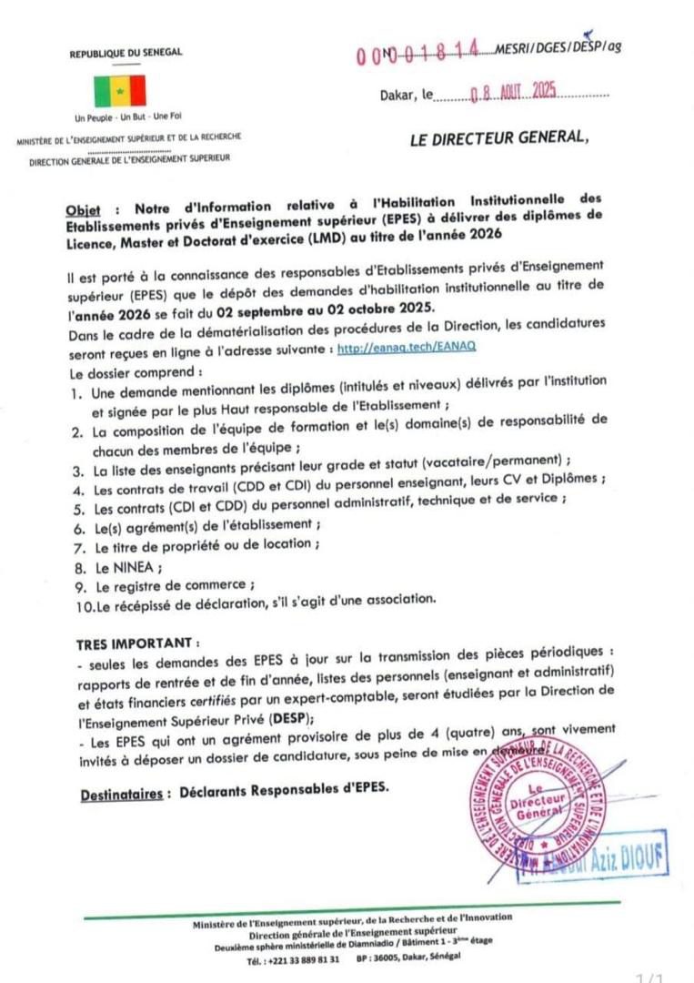 Habilitation Institutionnelle des EPES à délivrer des diplômes de Licence, Master et Doctorat d’exercice (LMD) au titre de l’année 2026