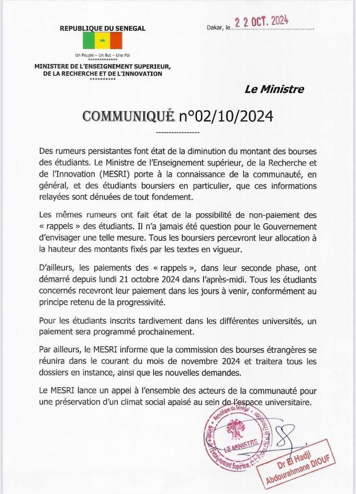 Communiqués du MESRI