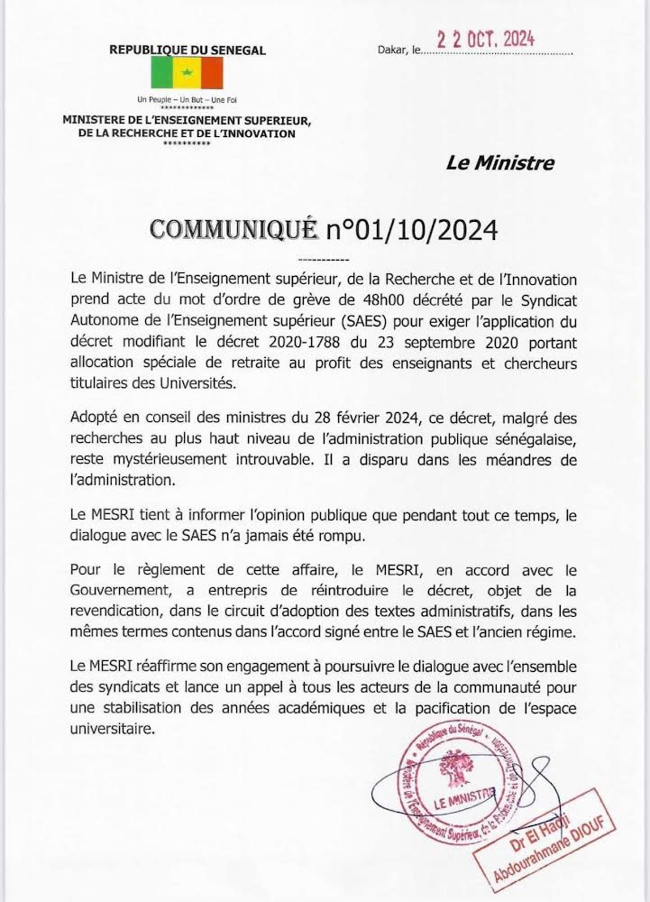 Communiqués du MESRI
