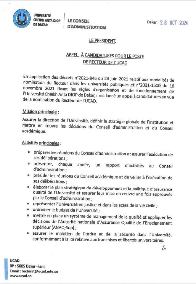Appel à candidature en vue de la nomination de Recteur de l’UCAD