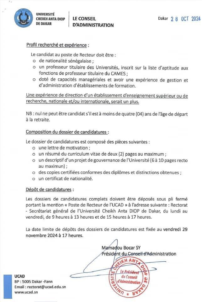 Appel à candidature en vue de la nomination de Recteur de l’UCAD
