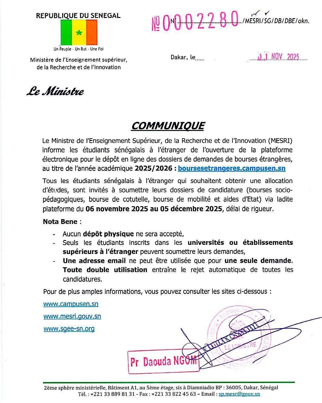 Ouverture de la plateforme https://boursesetrangeres.campusen.sn