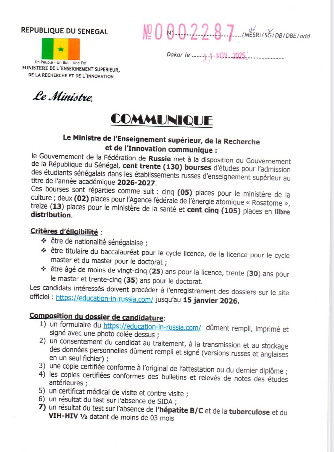 (130) bourses d’études de la Russie au titre de l’année académique 2026-2027
