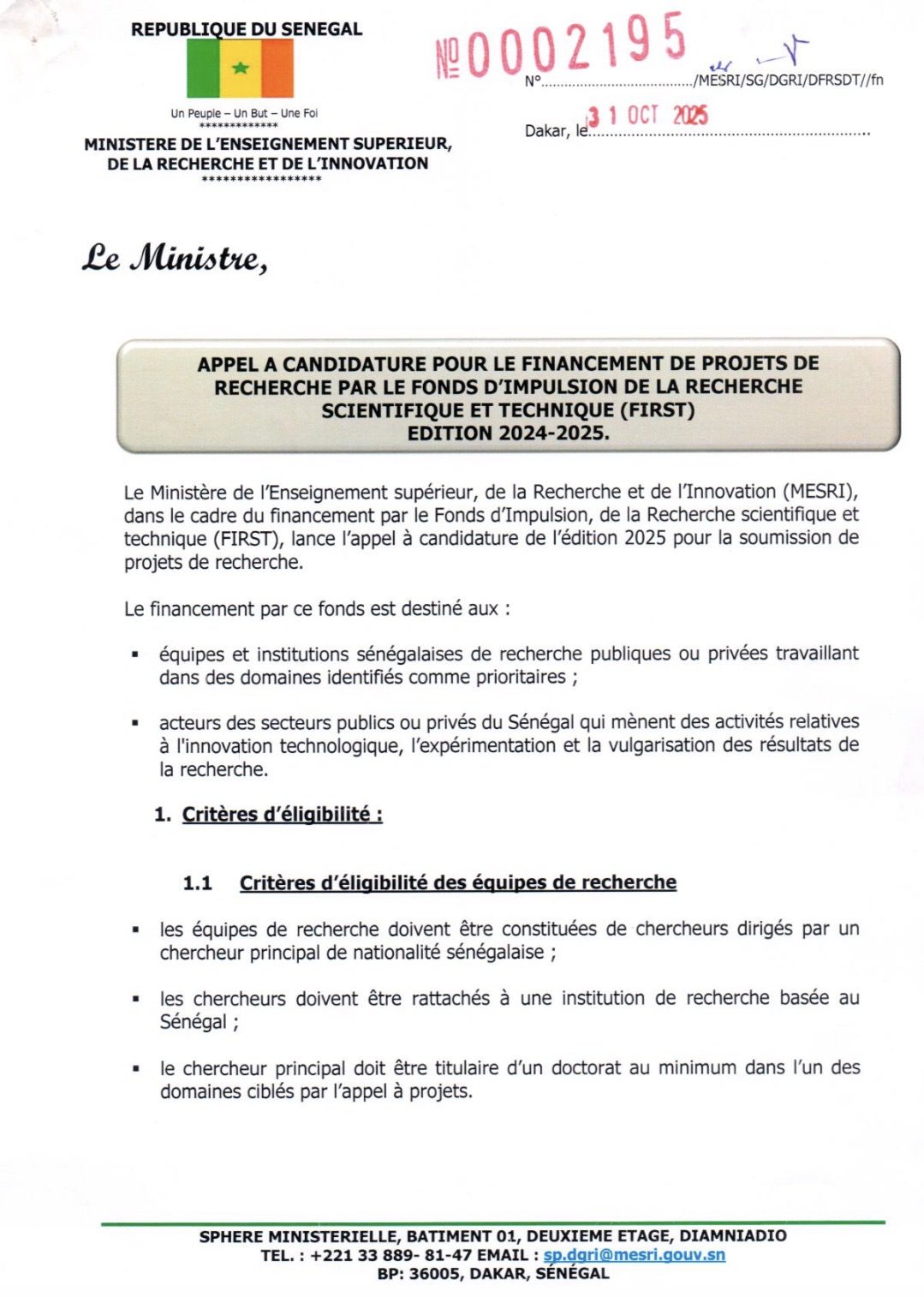 Appel à candidature pour le financement de projets de recherche du FIRST Edition 2024-2025