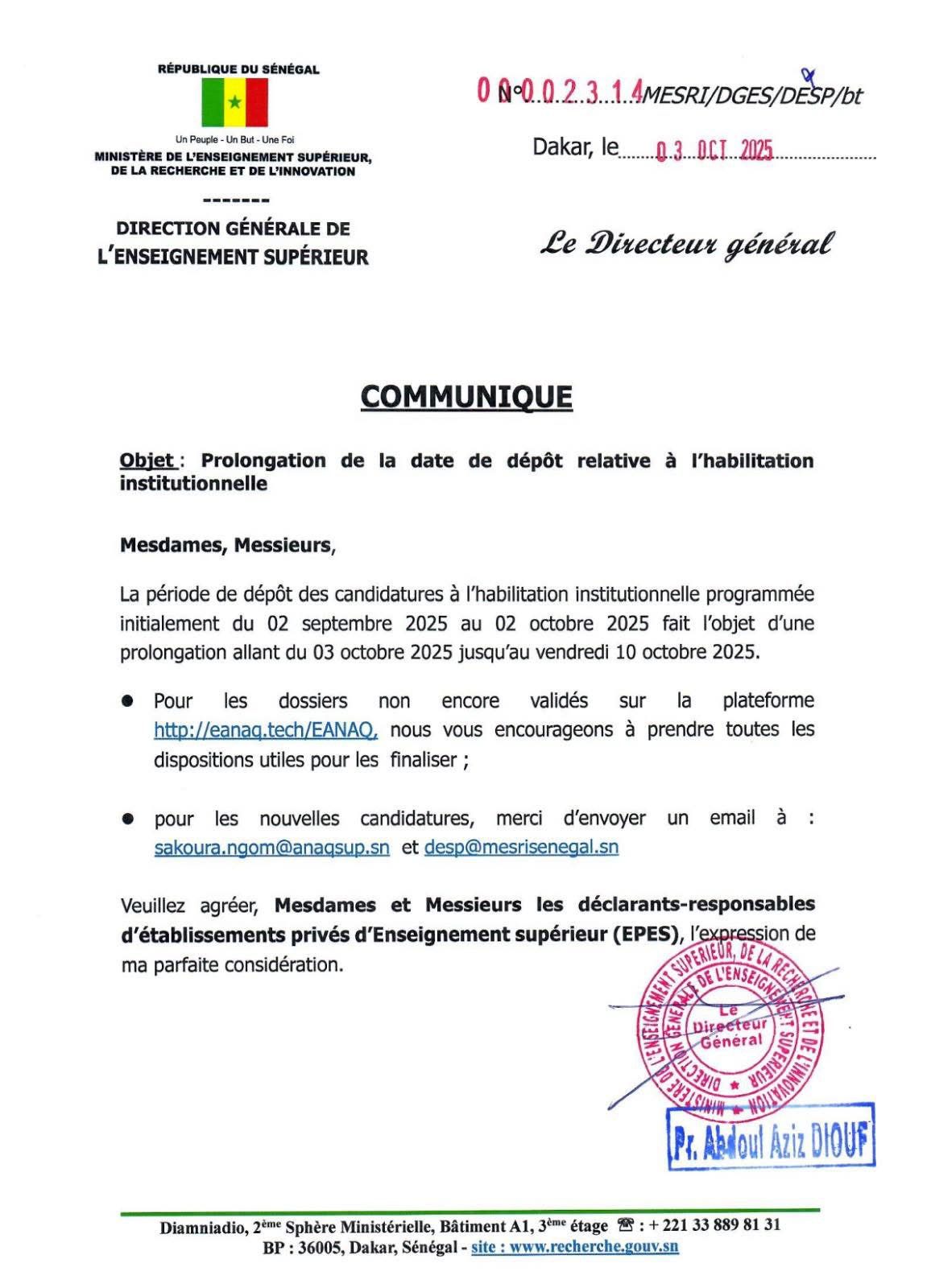 Prolongation de la date de dépôt relative à l’habilitation institutionnelle