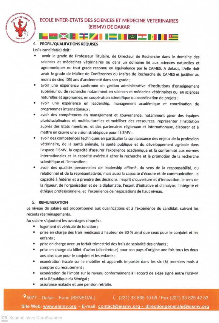 Recrutement du Directeur Général de l’Ecole Inter-Etats des Sciences et Médecine Vétérinaires (#EISMV) de Dakar