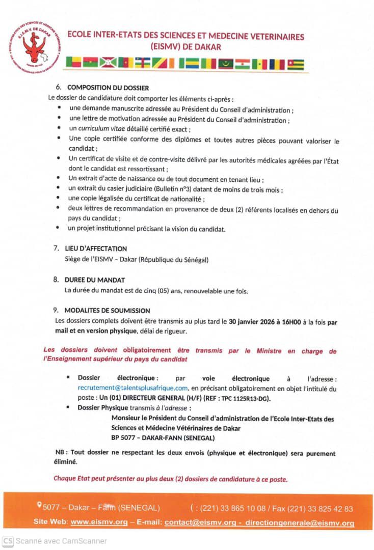 Recrutement du Directeur Général de l’Ecole Inter-Etats des Sciences et Médecine Vétérinaires (#EISMV) de Dakar