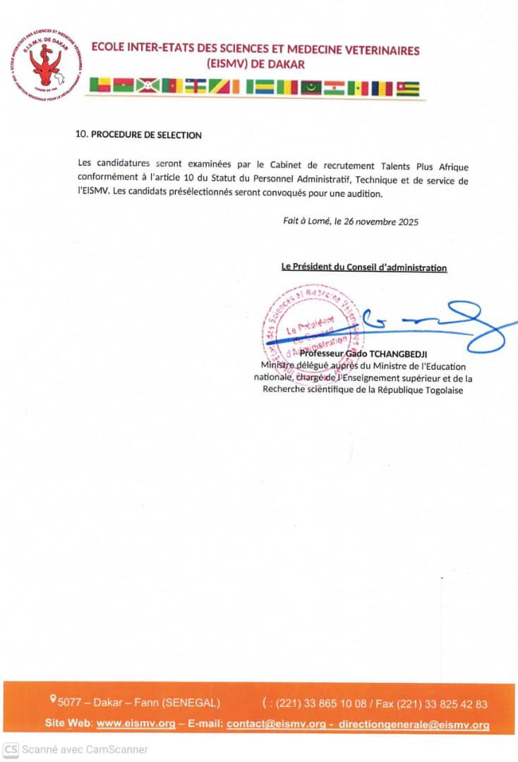 Recrutement du Directeur Général de l’Ecole Inter-Etats des Sciences et Médecine Vétérinaires (#EISMV) de Dakar