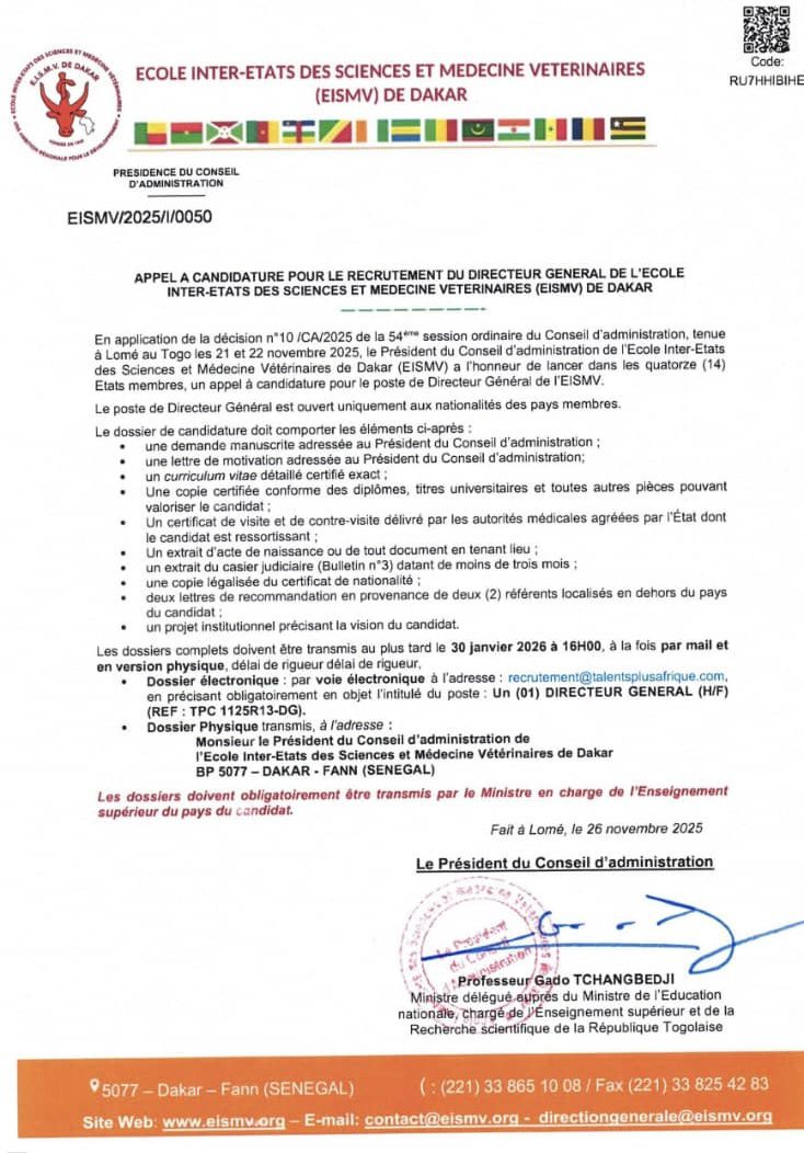 Recrutement du Directeur Général de l’Ecole Inter-Etats des Sciences et Médecine Vétérinaires (#EISMV) de Dakar