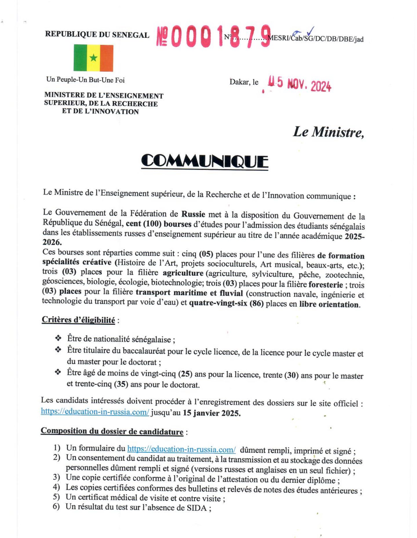 (100) bourses d’études de la Russie au titre de l’année académique 2025-2026