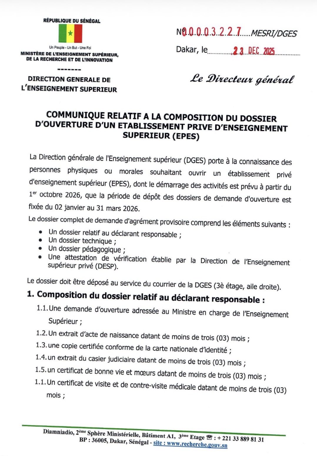 Communiqué portant sur la composition du dossier de demande d’ouverture d’un établissement privé d’enseignement supérieur (EPES)