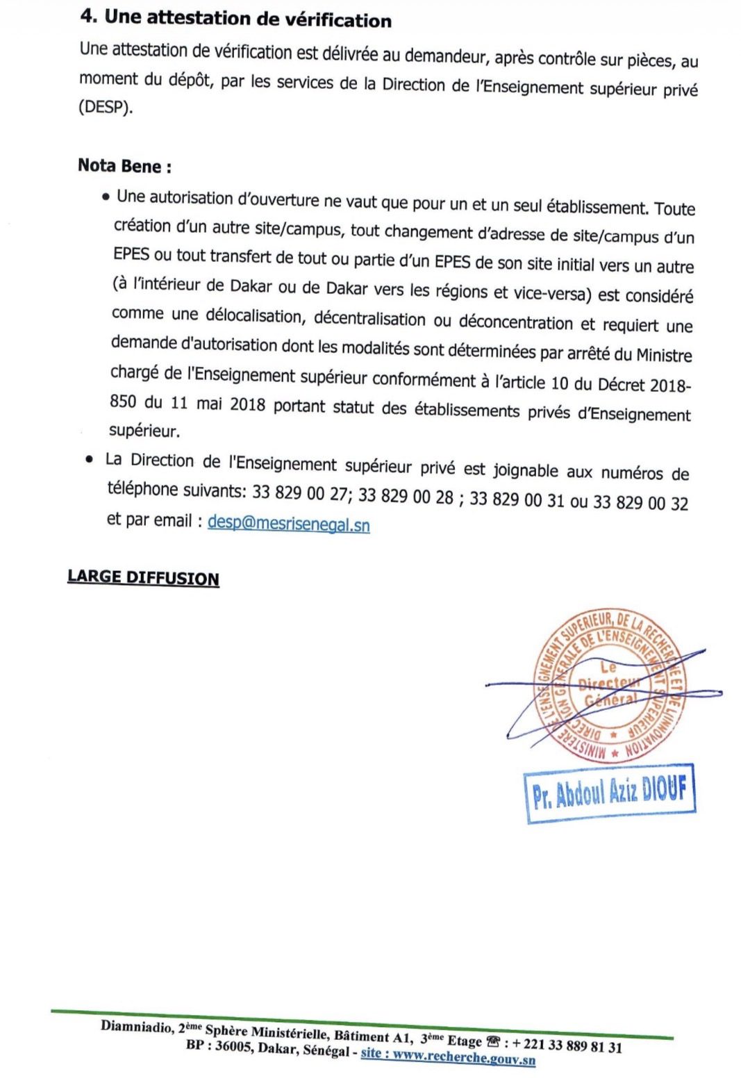 Communiqué portant sur la composition du dossier de demande d’ouverture d’un établissement privé d’enseignement supérieur (EPES)