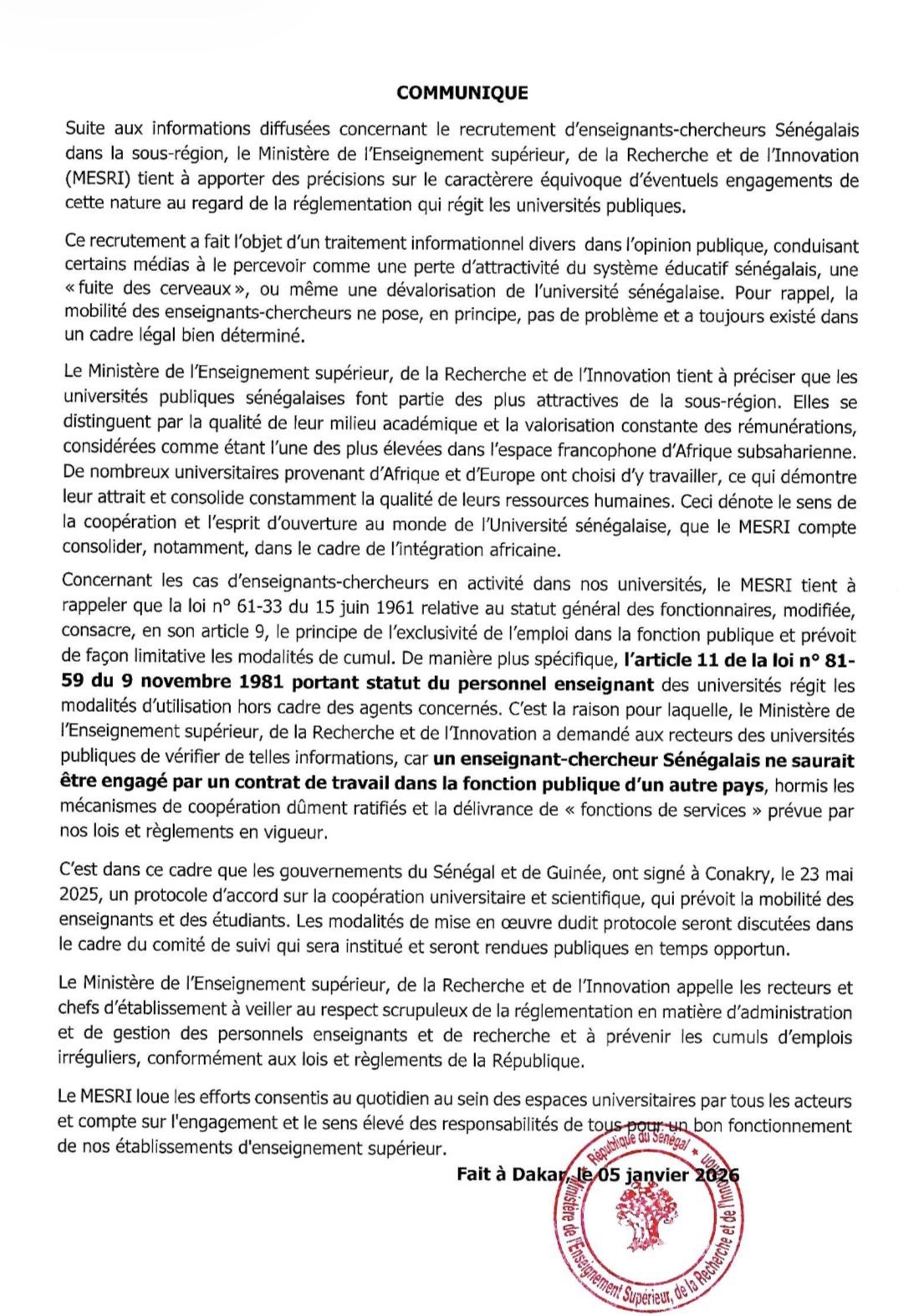 Précisions du MESRI sur la mobilité et le recrutement des enseignants-chercheurs sénégalais