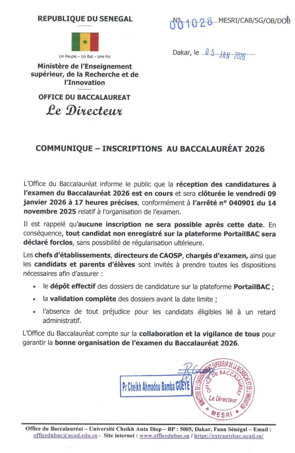 Communiqué relatif à la réception des candidatures à l’examen du Baccalauréat 2026