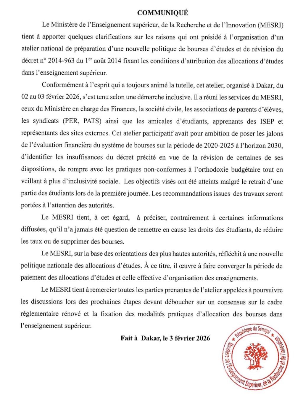 Clarifications du MESRI sur l’atelier national de réforme de la politique des bourses d’études