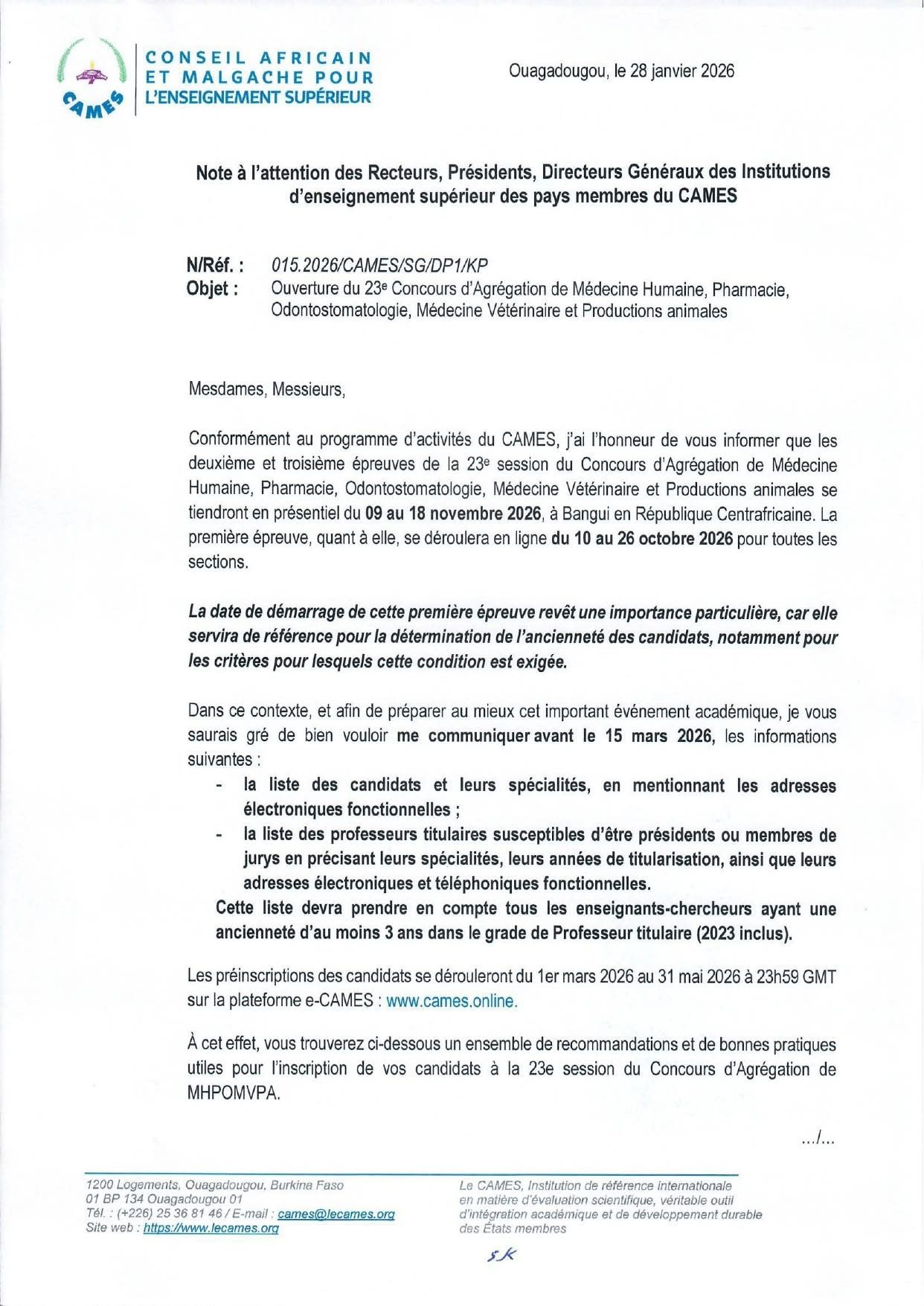 Ouverture du 23ème Concours d’Agrégation de Médecine humaine, Pharmacie, Ondontostomatologie ….